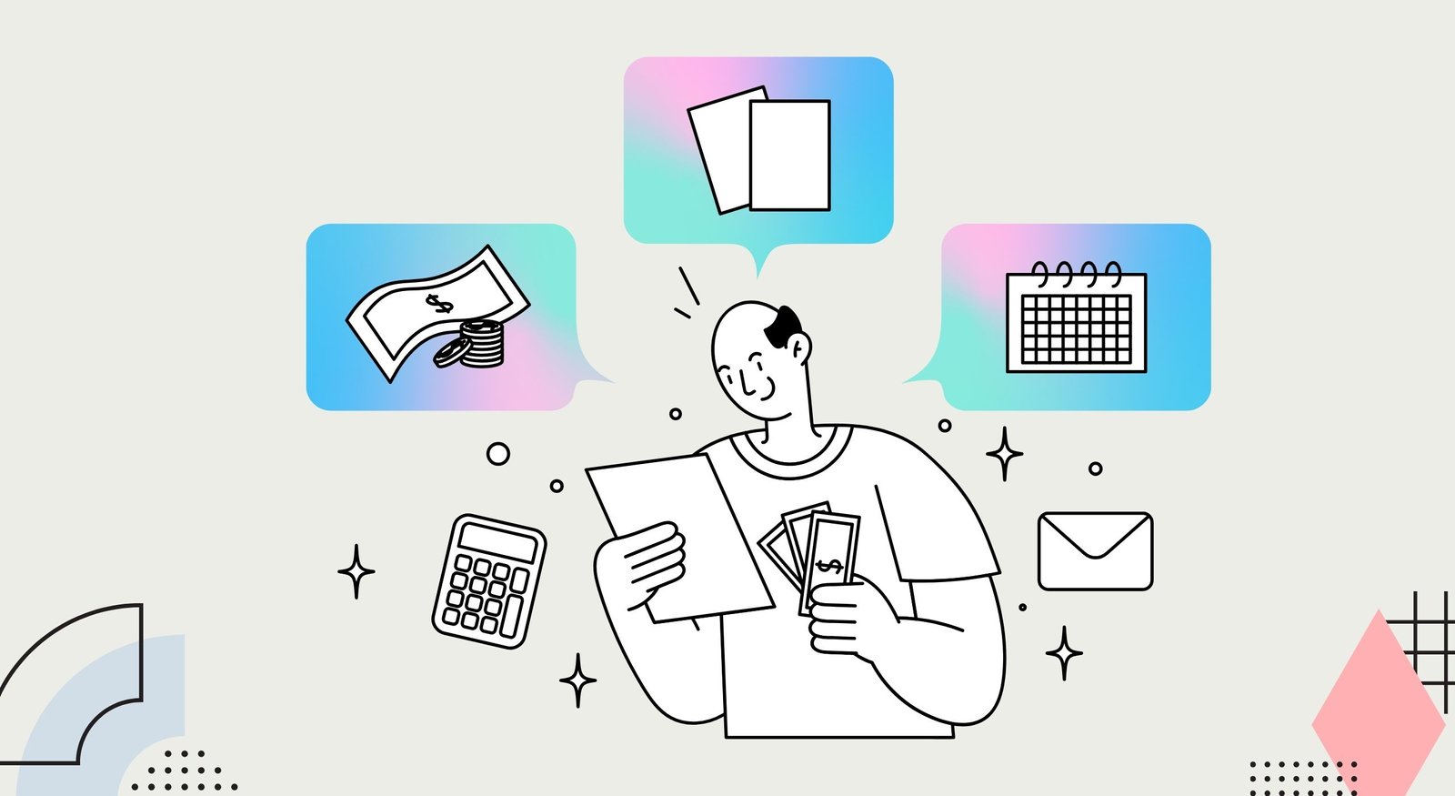 Ilustração de um homem organizado gerindo documentos, boletos e calendário com ícones flutuantes coloridos.
