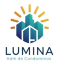 Logotipo da Lumina Administração de Condomínios, apresentando ícones de prédios em tons de azul e dourado.