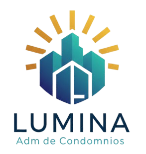 Logotipo da Lumina Administração de Condomínios, apresentando ícones de prédios em tons de azul e dourado.