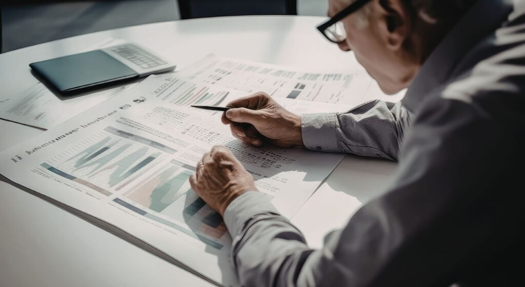 Síndico analisando relatórios de gestão financeira de condomínio e prestação de contas.