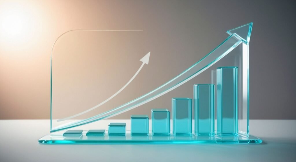 Gráfico de barras de vidro 3D em tons de azul mostrando crescimento ascendente com uma seta apontando para cima, simbolizando sucesso financeiro e valorização.